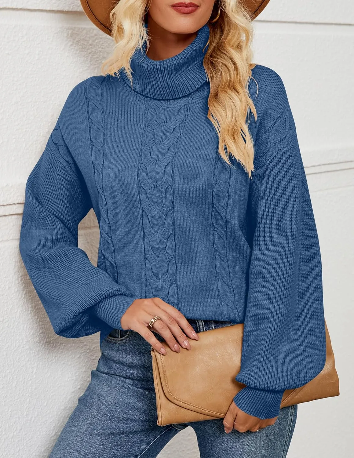 LEANI Women's 2024 Turtleneck Sweater Lantern Long Sleeve Cable Knit Pullover Sweaters Jumper