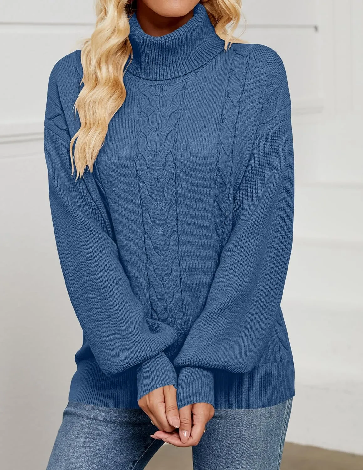 LEANI Women's 2024 Turtleneck Sweater Lantern Long Sleeve Cable Knit Pullover Sweaters Jumper