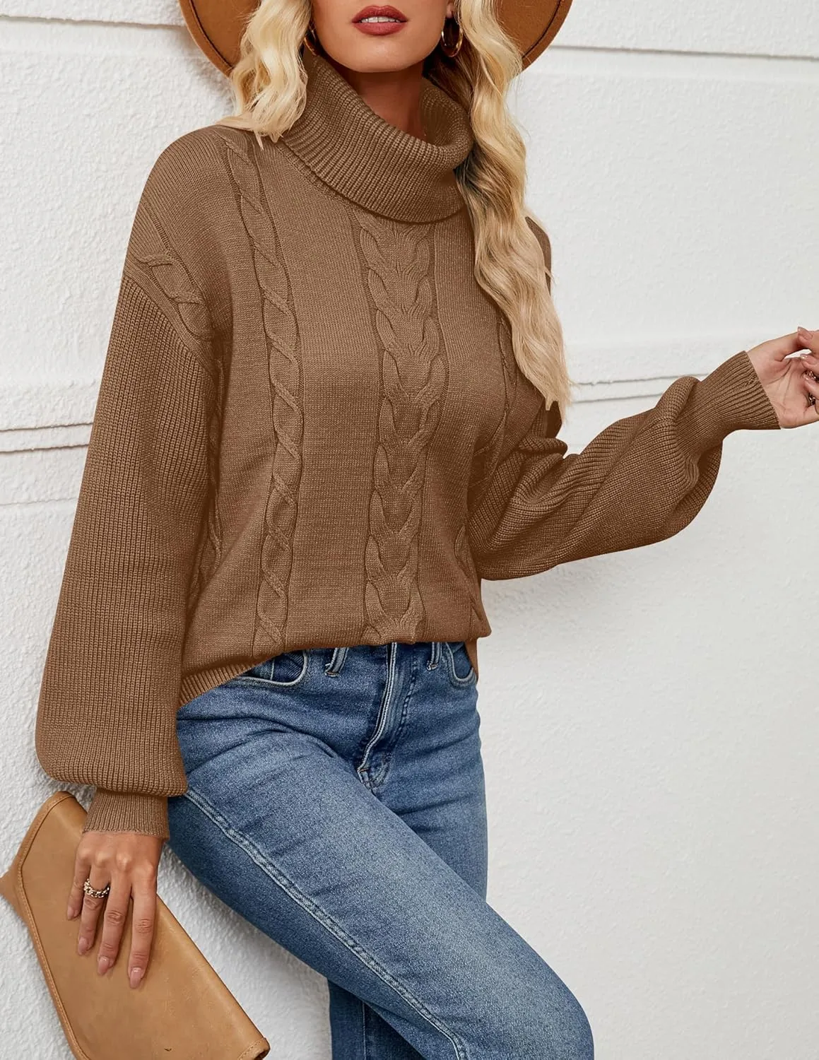 LEANI Women's 2024 Turtleneck Sweater Lantern Long Sleeve Cable Knit Pullover Sweaters Jumper