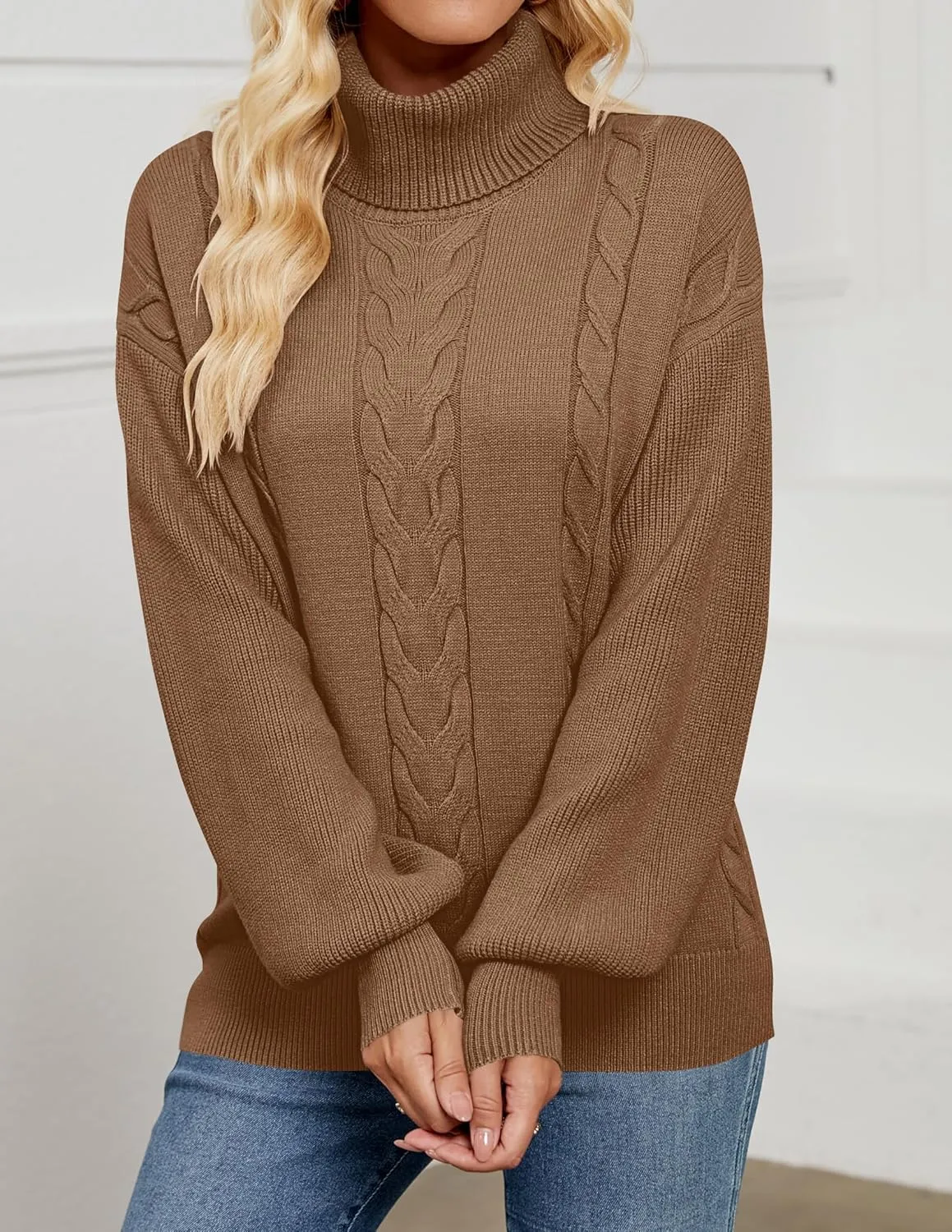 LEANI Women's 2024 Turtleneck Sweater Lantern Long Sleeve Cable Knit Pullover Sweaters Jumper