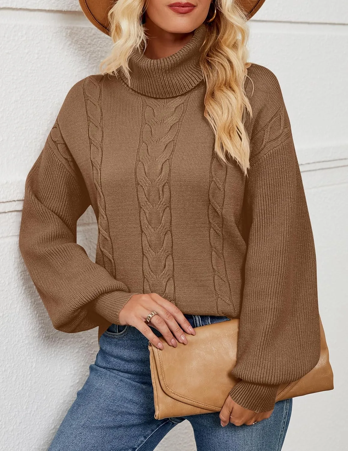 LEANI Women's 2024 Turtleneck Sweater Lantern Long Sleeve Cable Knit Pullover Sweaters Jumper