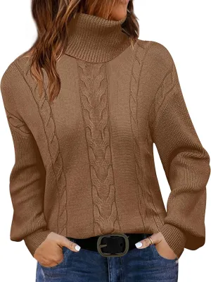 LEANI Women's 2024 Turtleneck Sweater Lantern Long Sleeve Cable Knit Pullover Sweaters Jumper