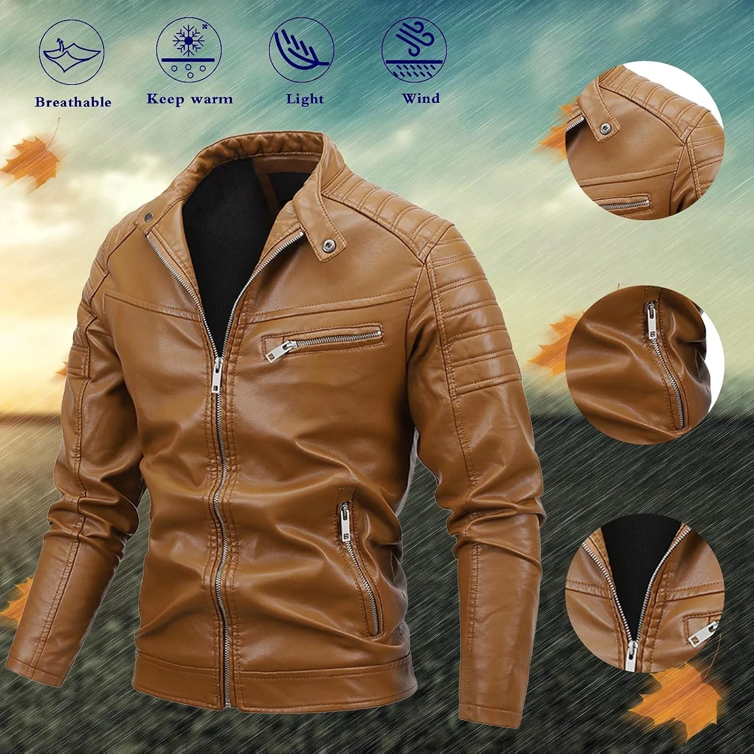Leather Biker Jacket for Men Racer Zip Up Moto Jackets Slim Fit Faux Leather Jacket Biker Motorcycle Jackets Warm Jacket
