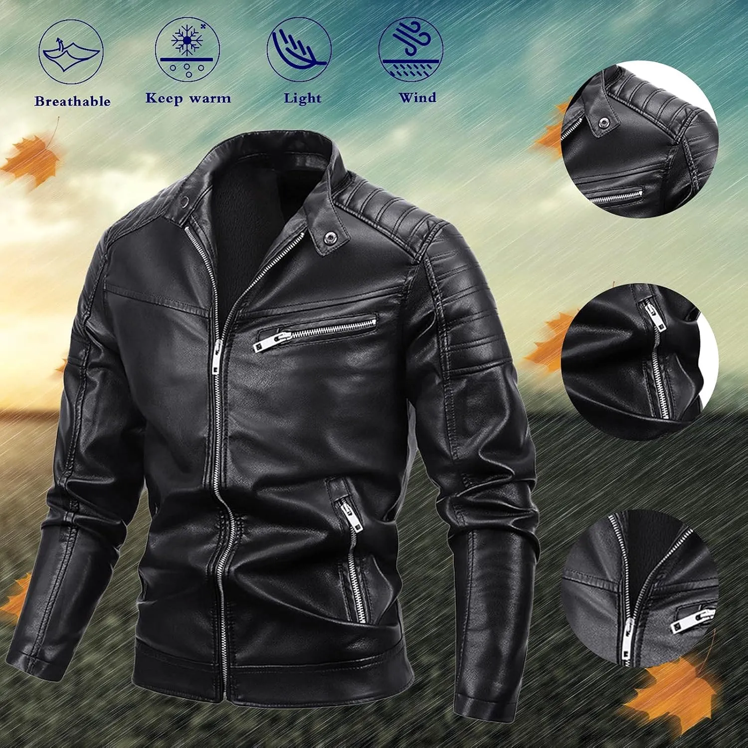 Leather Biker Jacket for Men Racer Zip Up Moto Jackets Slim Fit Faux Leather Jacket Biker Motorcycle Jackets Warm Jacket