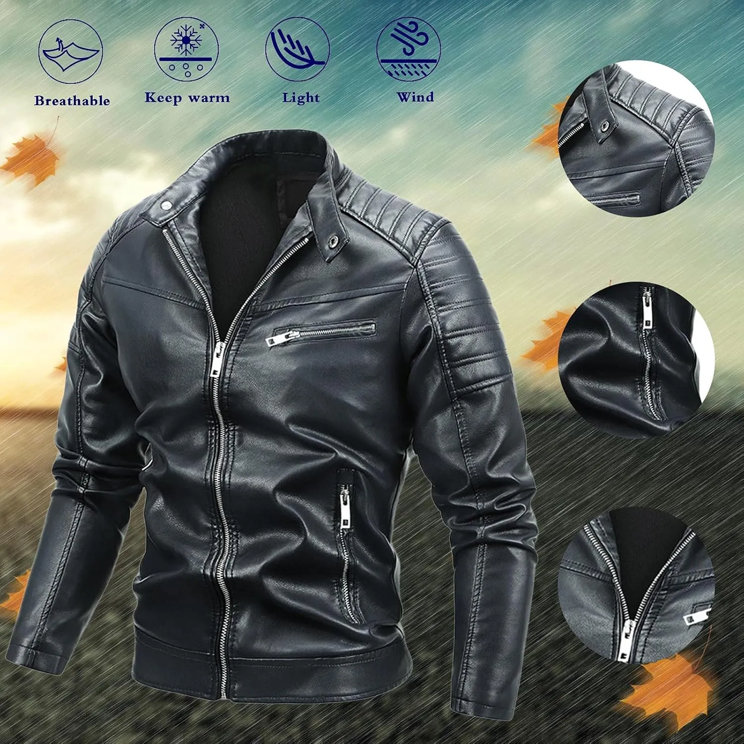 Leather Biker Jacket for Men Racer Zip Up Moto Jackets Slim Fit Faux Leather Jacket Biker Motorcycle Jackets Warm Jacket