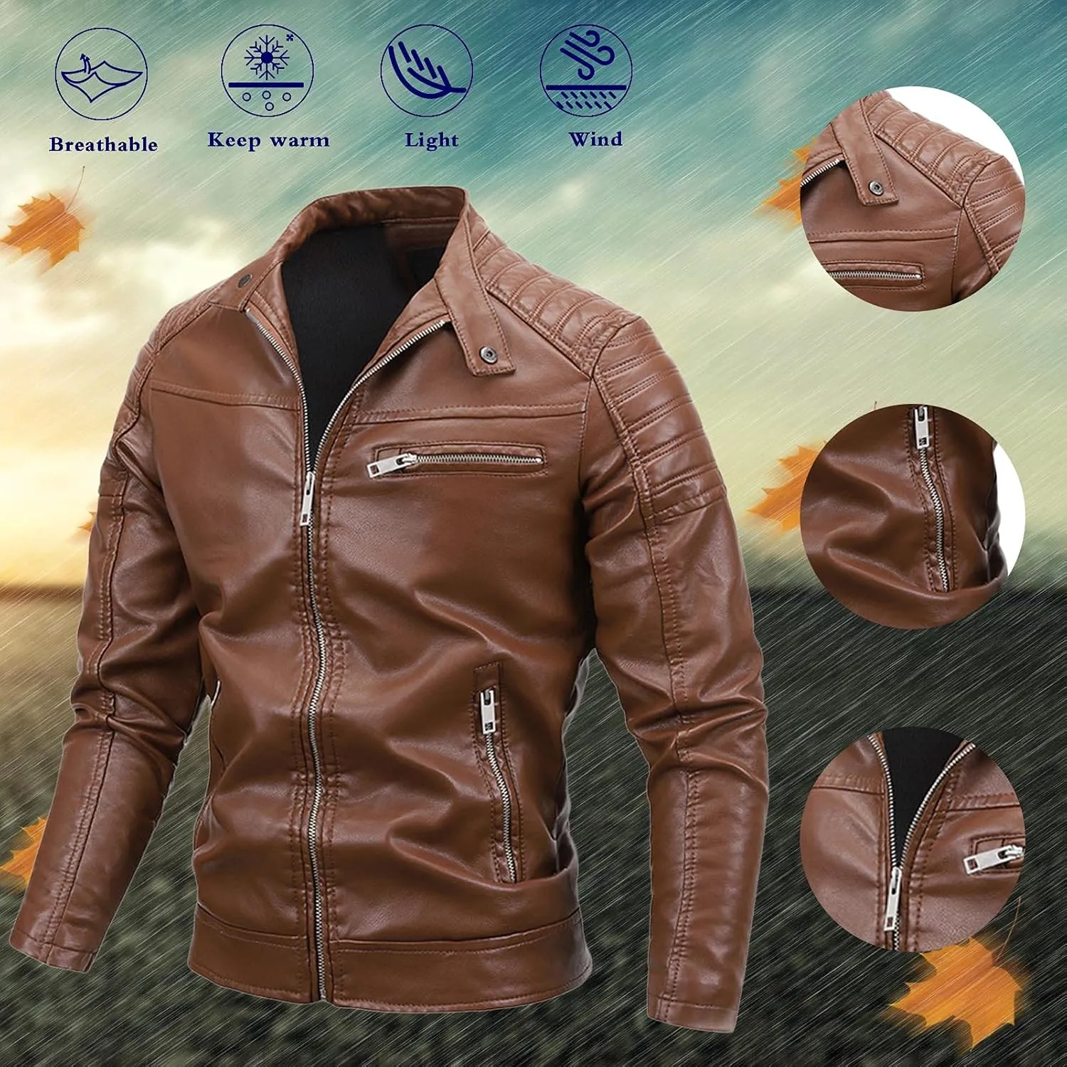 Leather Biker Jacket for Men Racer Zip Up Moto Jackets Slim Fit Faux Leather Jacket Biker Motorcycle Jackets Warm Jacket