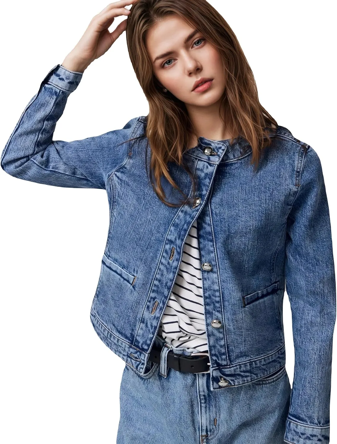 LifeShe Denim Jacket for Women Cropped Collarless Jean Cardigan Casual Shacket