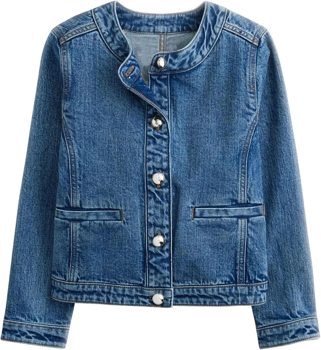 LifeShe Denim Jacket for Women Cropped Collarless Jean Cardigan Casual Shacket