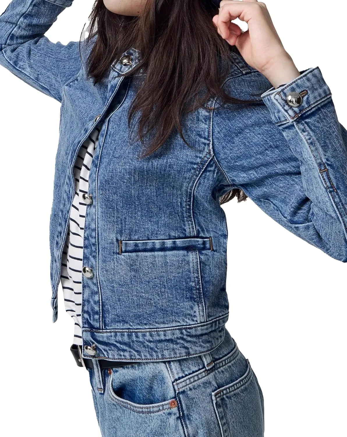 LifeShe Denim Jacket for Women Cropped Collarless Jean Cardigan Casual Shacket