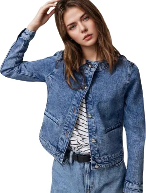 LifeShe Denim Jacket for Women Cropped Collarless Jean Cardigan Casual Shacket