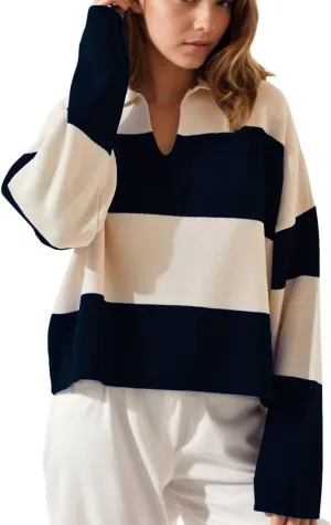 LifeShe Striped Sweater Women V Neck Long Sleeve Pullover Fall Sweaters Loose Oversized Knit Top