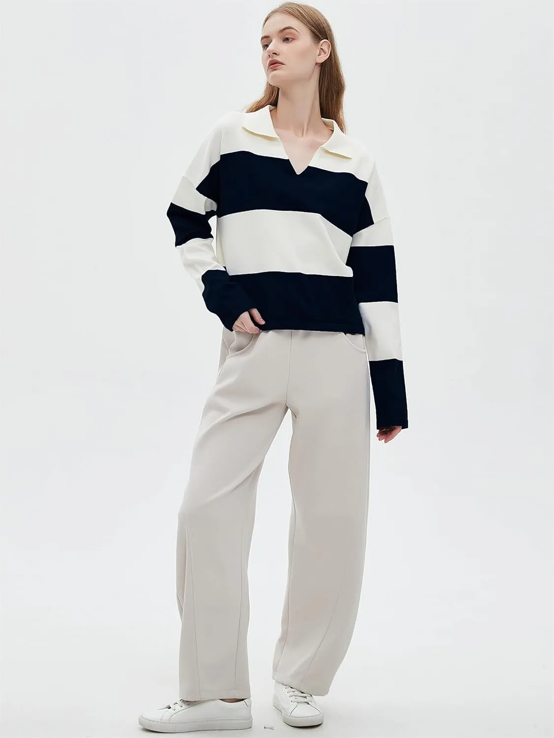 LifeShe Striped Sweater Women V Neck Long Sleeve Pullover Fall Sweaters Loose Oversized Knit Top