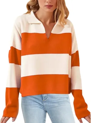 LifeShe Striped Sweater Women V Neck Long Sleeve Pullover Fall Sweaters Loose Oversized Knit Top