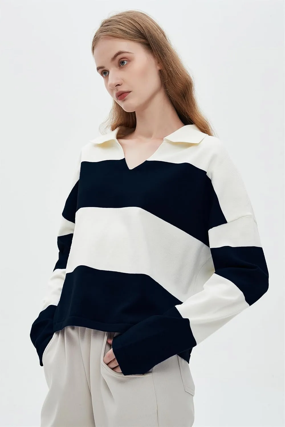 LifeShe Striped Sweater Women V Neck Long Sleeve Pullover Fall Sweaters Loose Oversized Knit Top