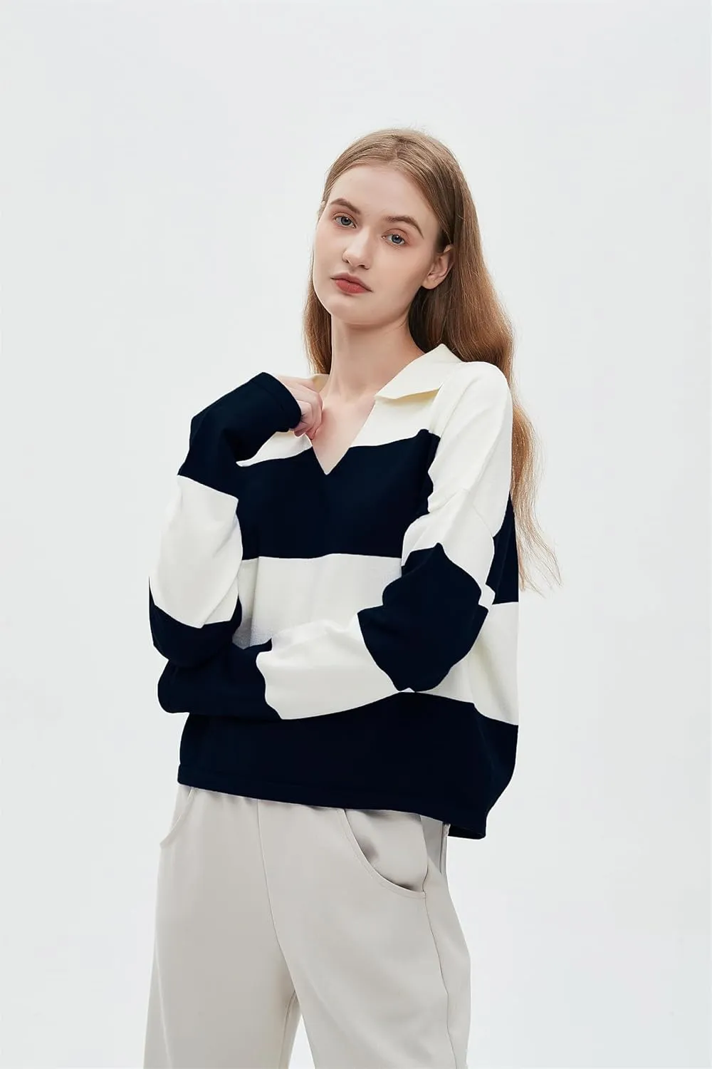 LifeShe Striped Sweater Women V Neck Long Sleeve Pullover Fall Sweaters Loose Oversized Knit Top