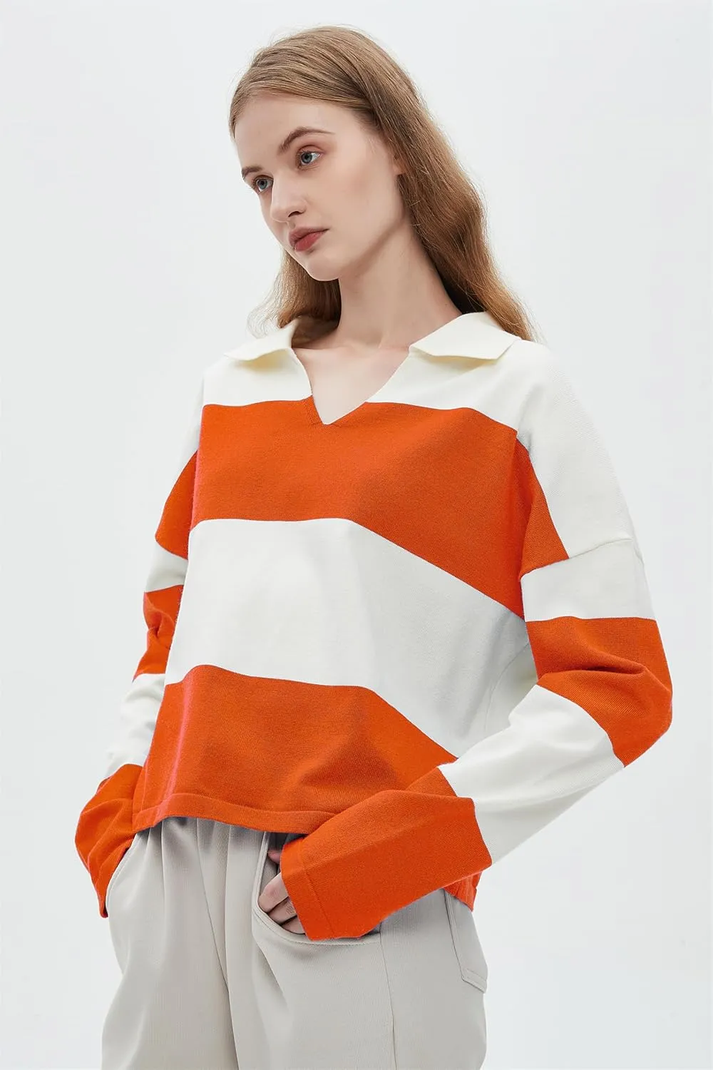 LifeShe Striped Sweater Women V Neck Long Sleeve Pullover Fall Sweaters Loose Oversized Knit Top