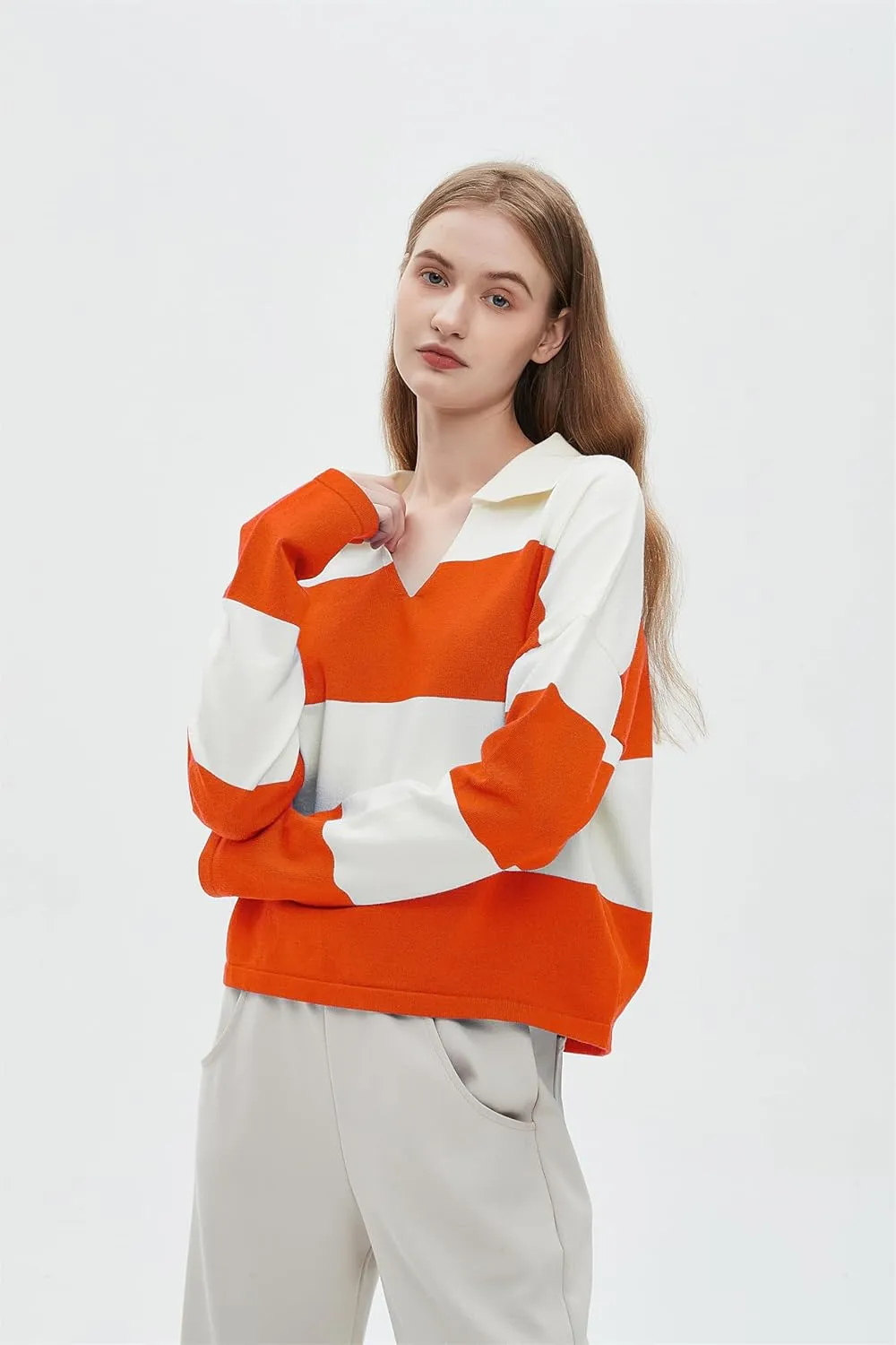LifeShe Striped Sweater Women V Neck Long Sleeve Pullover Fall Sweaters Loose Oversized Knit Top