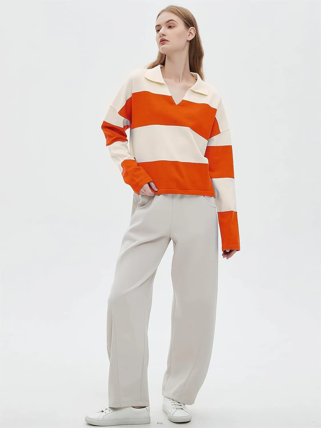 LifeShe Striped Sweater Women V Neck Long Sleeve Pullover Fall Sweaters Loose Oversized Knit Top
