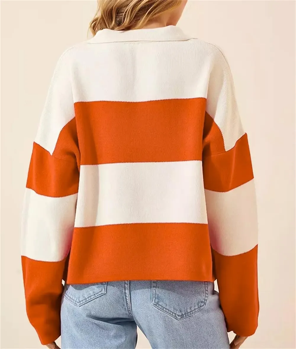 LifeShe Striped Sweater Women V Neck Long Sleeve Pullover Fall Sweaters Loose Oversized Knit Top