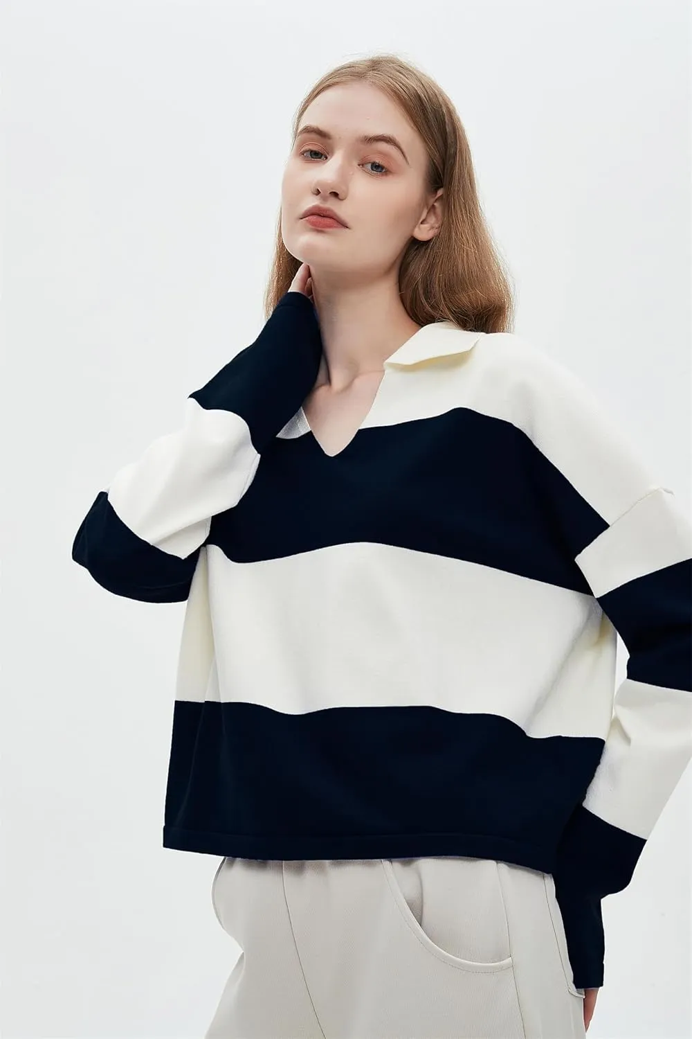 LifeShe Striped Sweater Women V Neck Long Sleeve Pullover Fall Sweaters Loose Oversized Knit Top