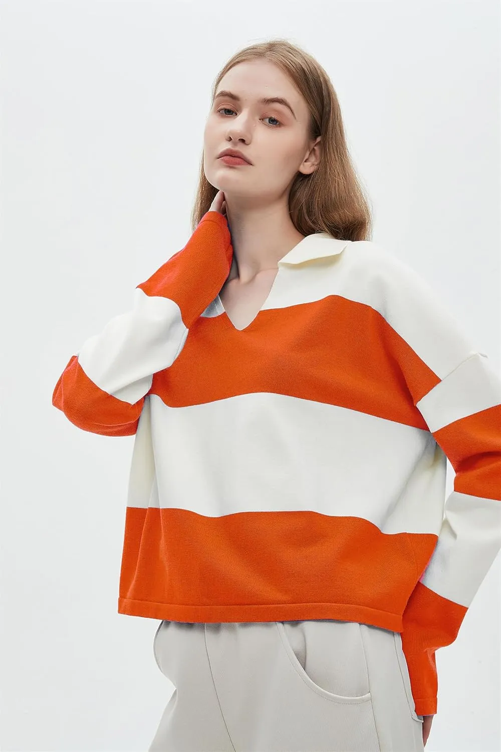 LifeShe Striped Sweater Women V Neck Long Sleeve Pullover Fall Sweaters Loose Oversized Knit Top