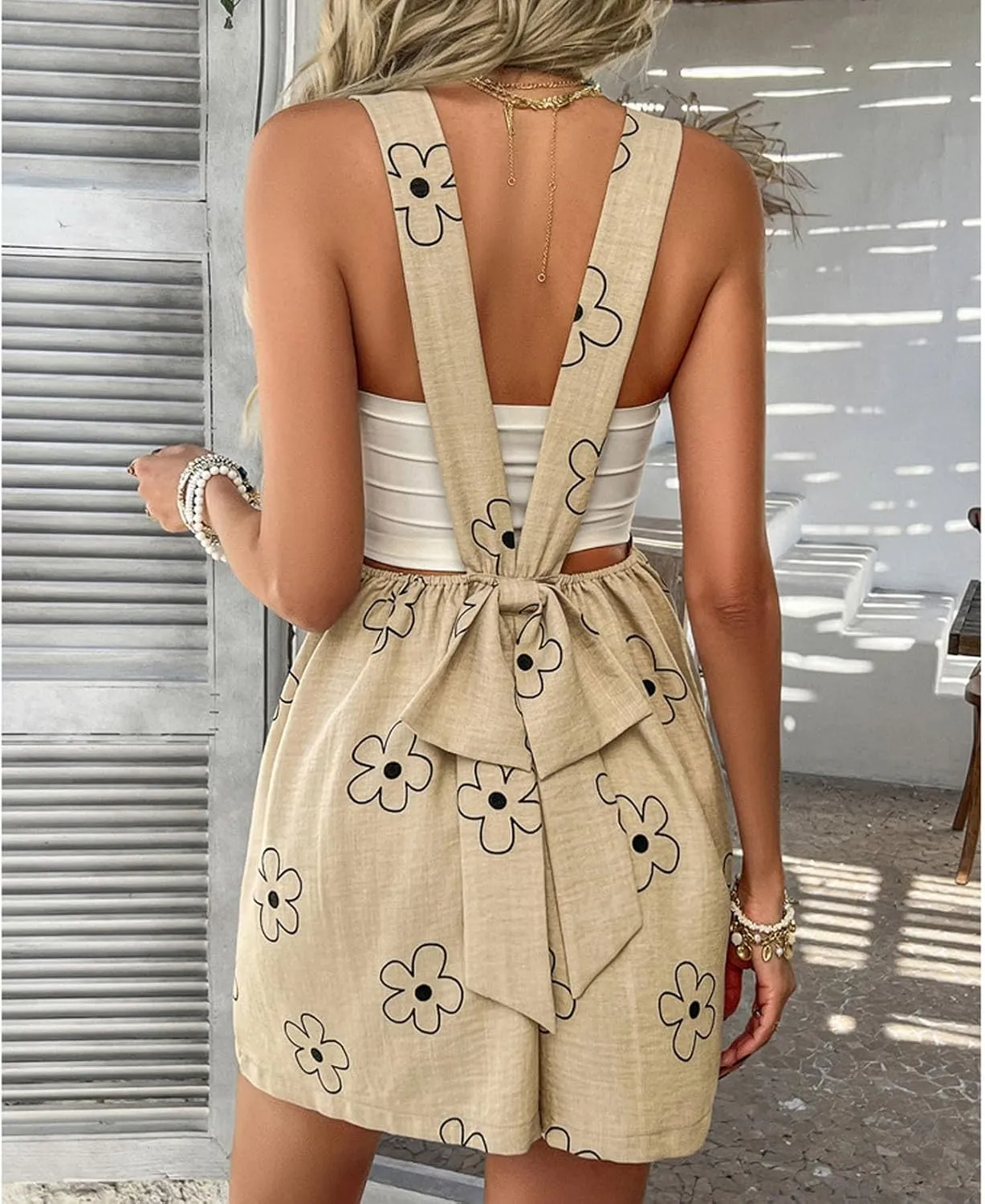 Linen Jumpsuits for Women Summer Floral Print Shorts Romper Casual Adjustable Straps Sleeveless Overalls with Pockets