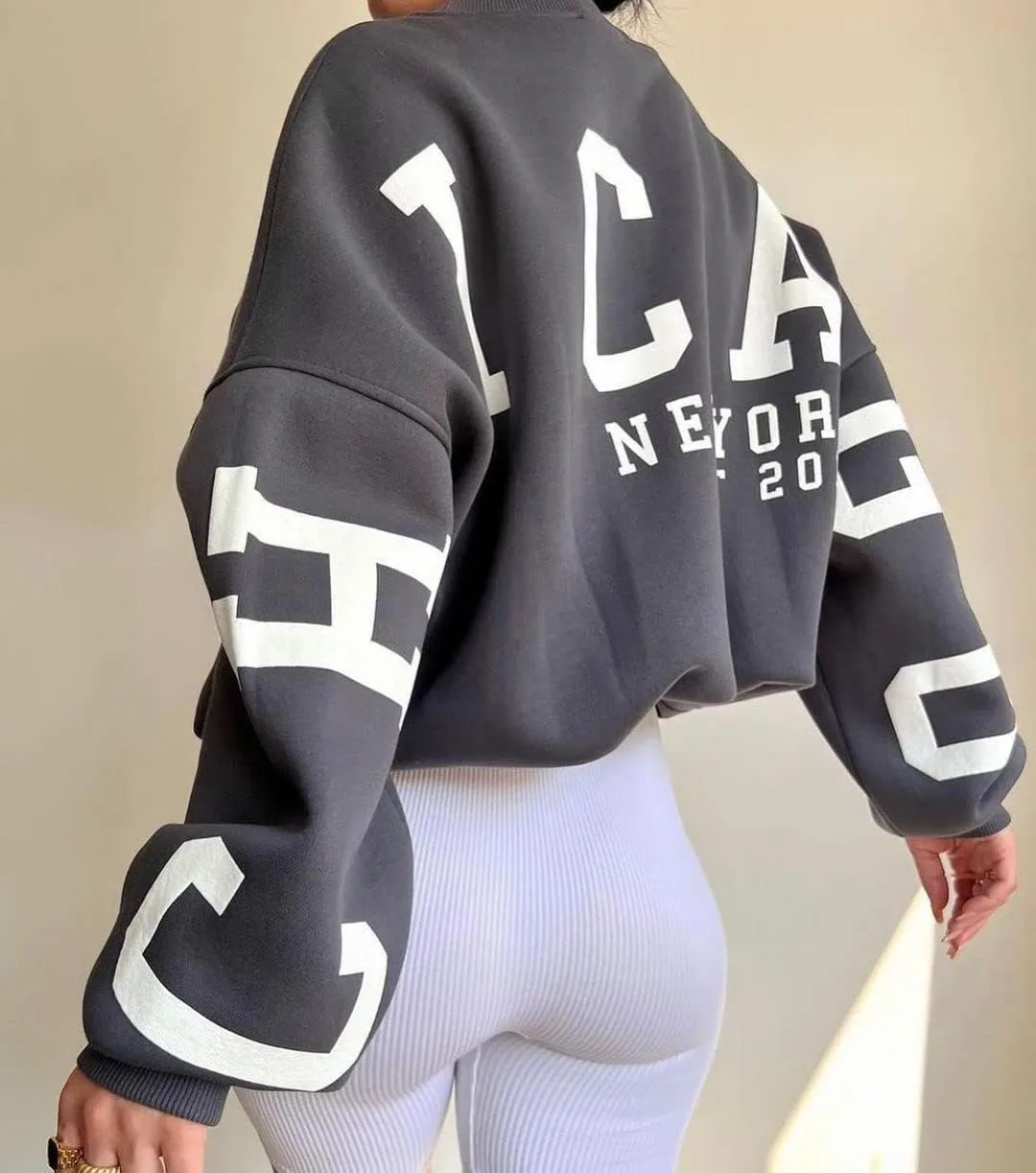 LOFAAC Women Oversized Fleece Letter Graphic Print Sweatshirt Aesthetic Crew Neck Long Sleeve Drop Shoulder Pullover Top