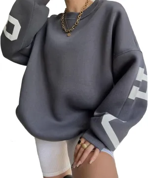 LOFAAC Women Oversized Fleece Letter Graphic Print Sweatshirt Aesthetic Crew Neck Long Sleeve Drop Shoulder Pullover Top