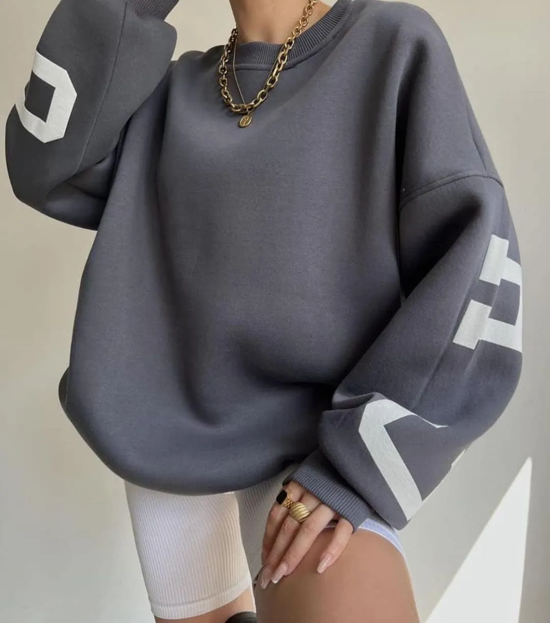 LOFAAC Women Oversized Fleece Letter Graphic Print Sweatshirt Aesthetic Crew Neck Long Sleeve Drop Shoulder Pullover Top