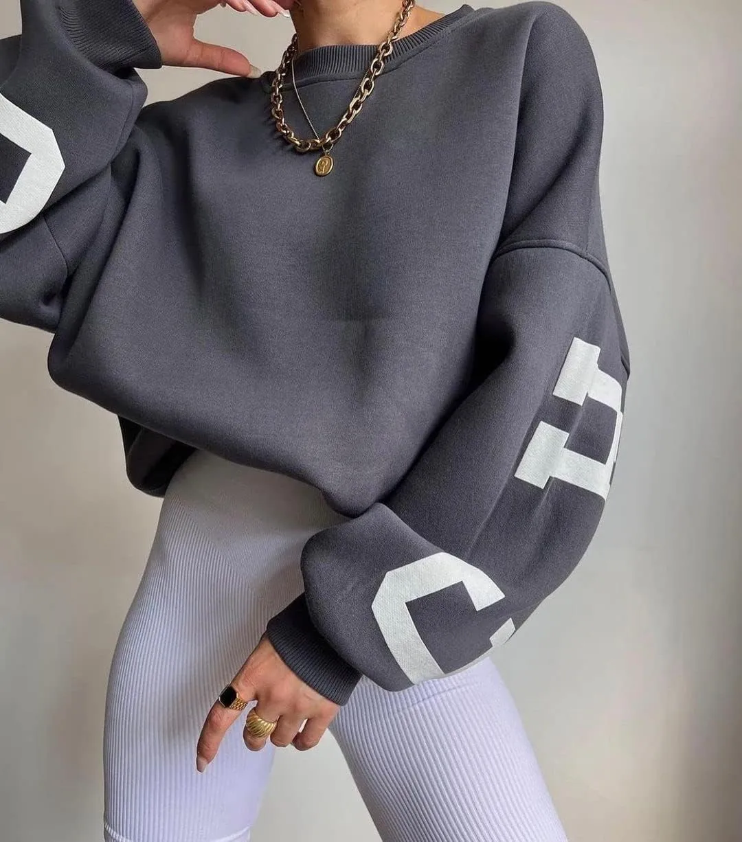 LOFAAC Women Oversized Fleece Letter Graphic Print Sweatshirt Aesthetic Crew Neck Long Sleeve Drop Shoulder Pullover Top