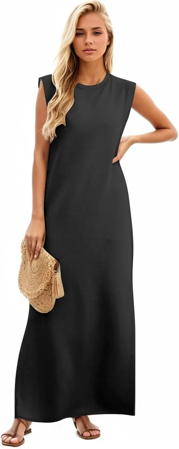 Long Maxi Dresses for Women Summer Casual Dress Crewneck Sleeveless Sundress Loose Fit Split Beach Dress with Pocket