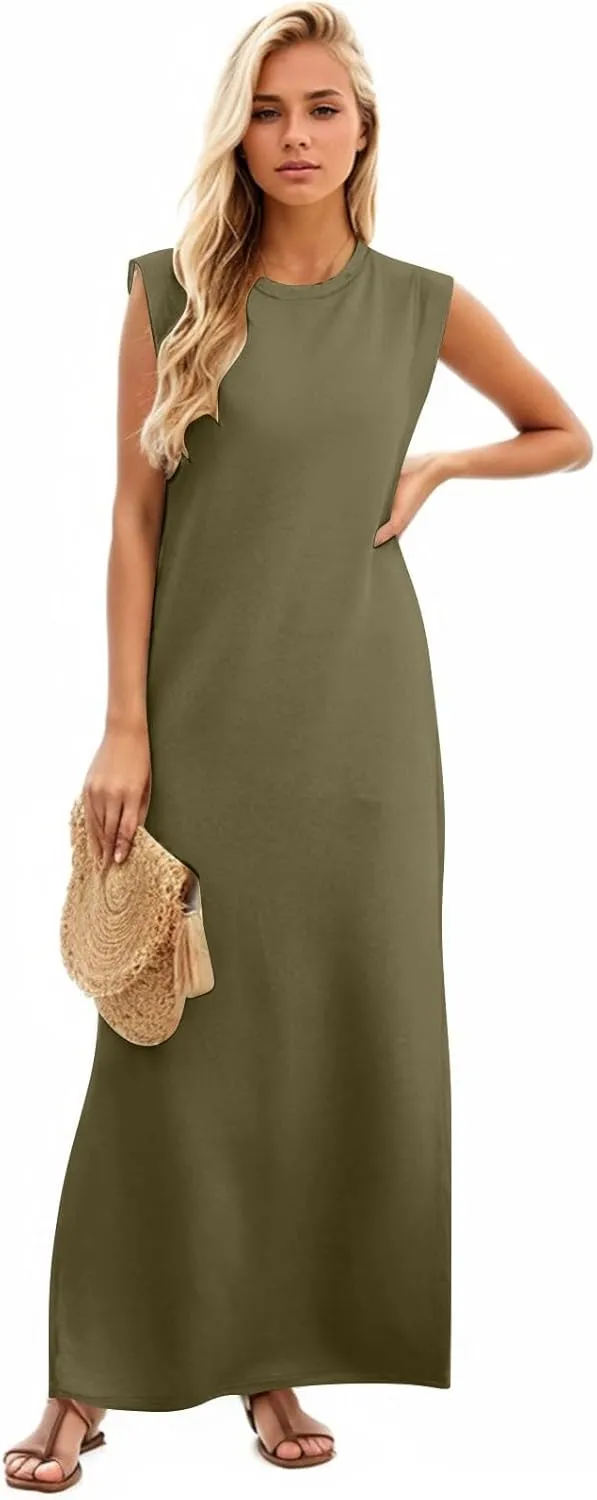 Long Maxi Dresses for Women Summer Casual Dress Crewneck Sleeveless Sundress Loose Fit Split Beach Dress with Pocket