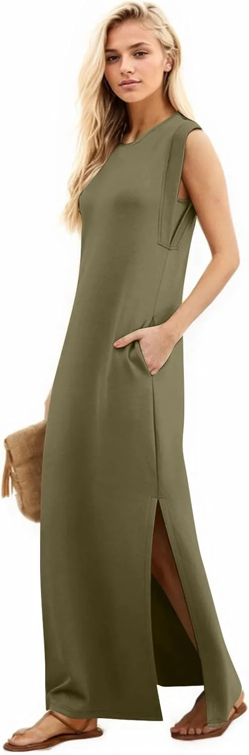 Long Maxi Dresses for Women Summer Casual Dress Crewneck Sleeveless Sundress Loose Fit Split Beach Dress with Pocket
