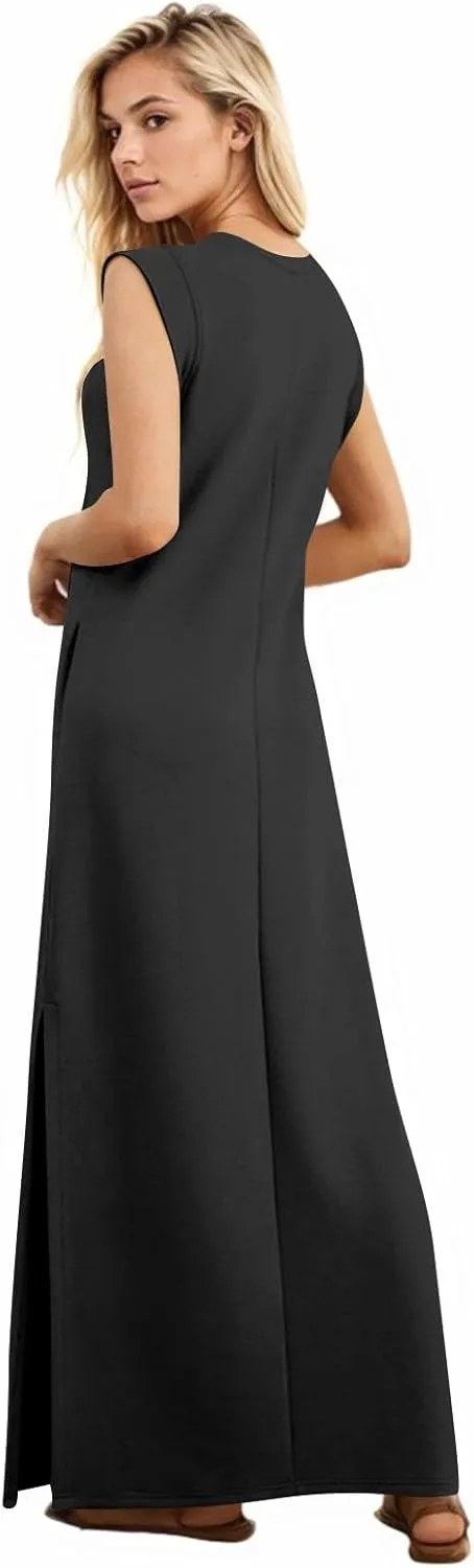 Long Maxi Dresses for Women Summer Casual Dress Crewneck Sleeveless Sundress Loose Fit Split Beach Dress with Pocket