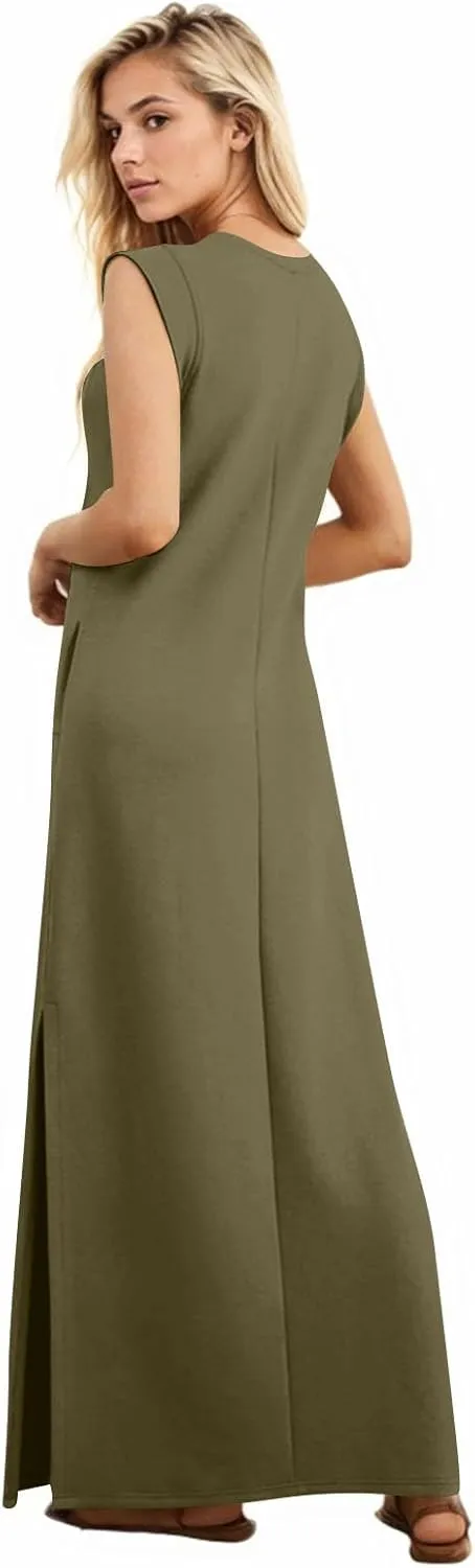 Long Maxi Dresses for Women Summer Casual Dress Crewneck Sleeveless Sundress Loose Fit Split Beach Dress with Pocket