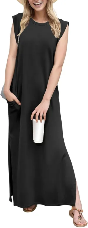 Long Maxi Dresses for Women Summer Casual Dress Crewneck Sleeveless Sundress Loose Fit Split Beach Dress with Pocket