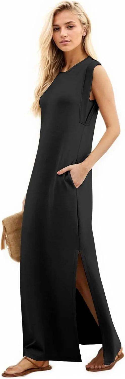 Long Maxi Dresses for Women Summer Casual Dress Crewneck Sleeveless Sundress Loose Fit Split Beach Dress with Pocket