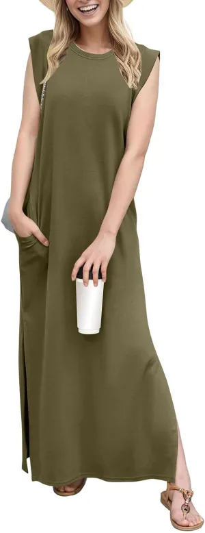Long Maxi Dresses for Women Summer Casual Dress Crewneck Sleeveless Sundress Loose Fit Split Beach Dress with Pocket