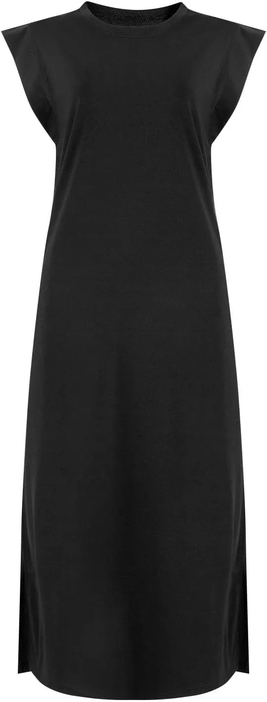 Long Maxi Dresses for Women Summer Casual Dress Crewneck Sleeveless Sundress Loose Fit Split Beach Dress with Pocket