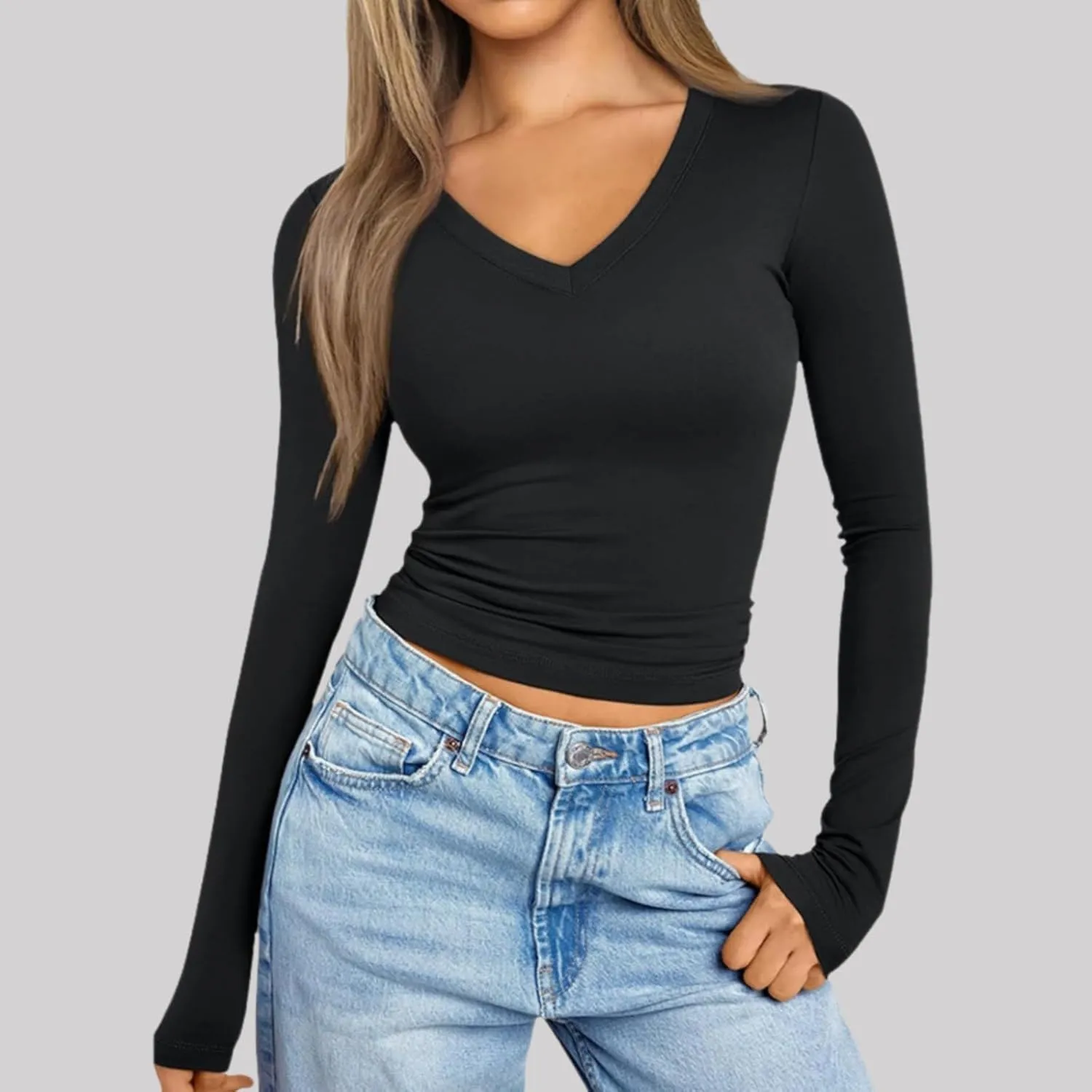 Long Sleeve Shirts for Women V Neck Basics Tops Lightweight Slim Fit Crop Top Base Layer Thermal Undershirts Fall