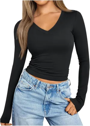 Long Sleeve Shirts for Women V Neck Basics Tops Lightweight Slim Fit Crop Top Base Layer Thermal Undershirts Fall