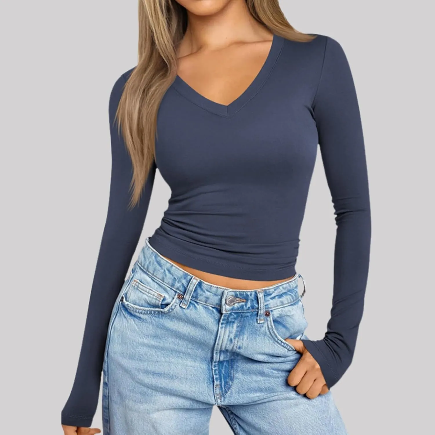 Long Sleeve Shirts for Women V Neck Basics Tops Lightweight Slim Fit Crop Top Base Layer Thermal Undershirts Fall