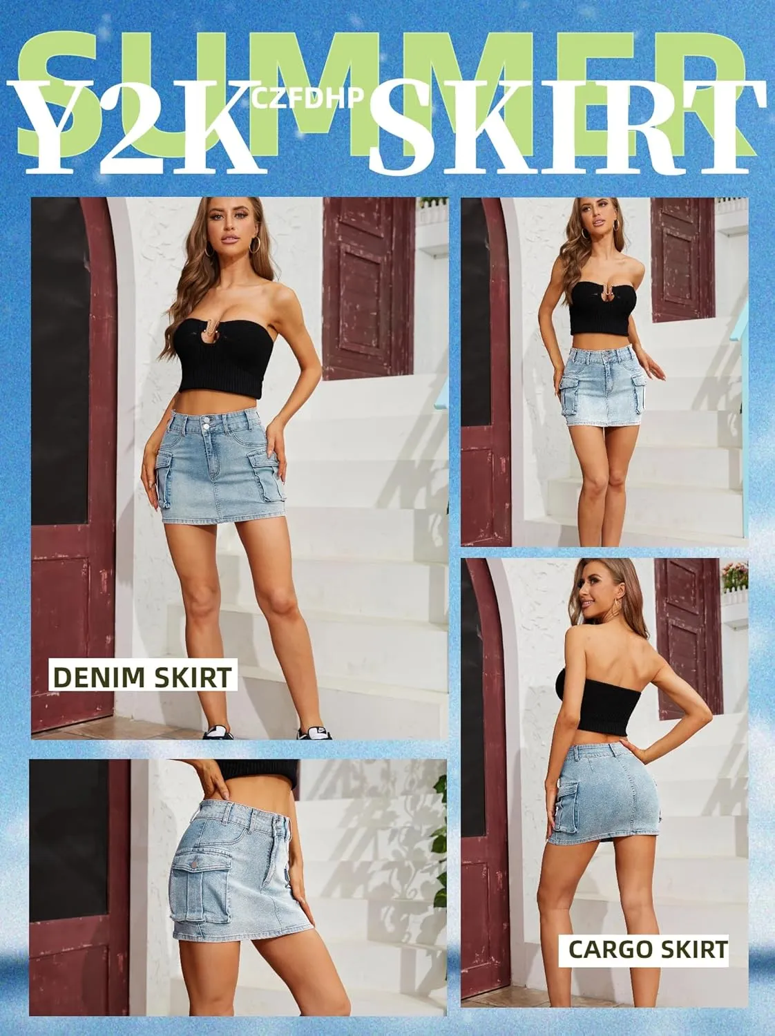 Low Waist Cargo Skirt Women Button Mini Cargo Denim Skirt with Pocket Mini Skirt