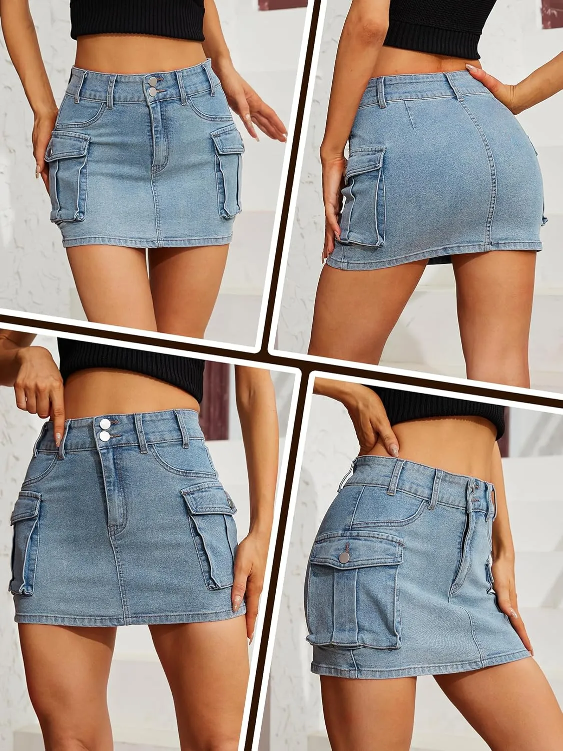 Low Waist Cargo Skirt Women Button Mini Cargo Denim Skirt with Pocket Mini Skirt