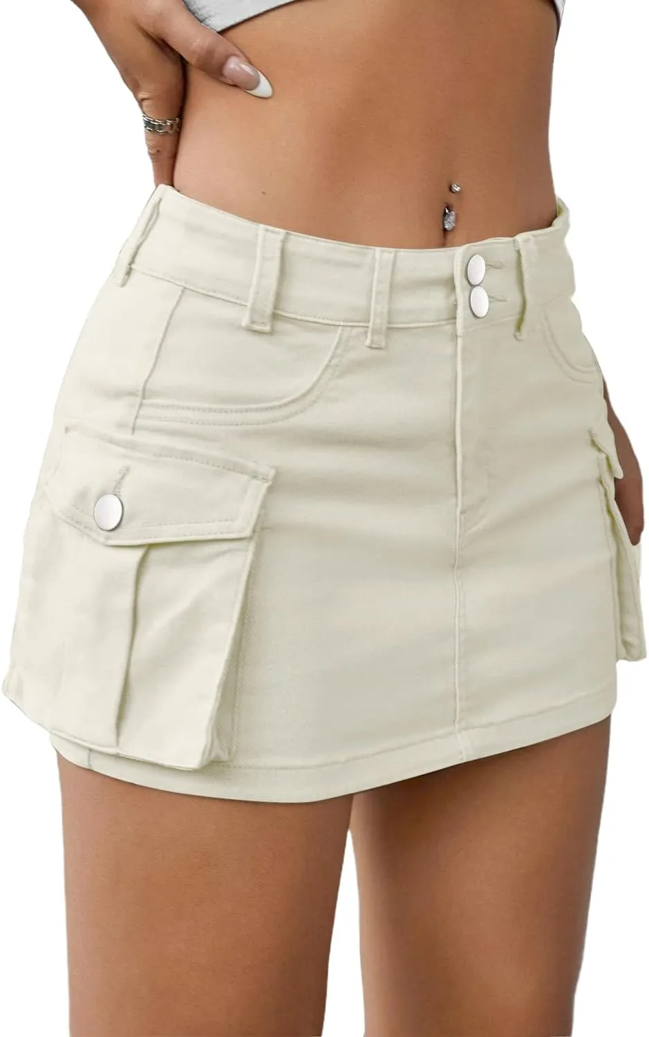 Low Waist Cargo Skirt Women Button Mini Cargo Denim Skirt with Pocket Mini Skirt