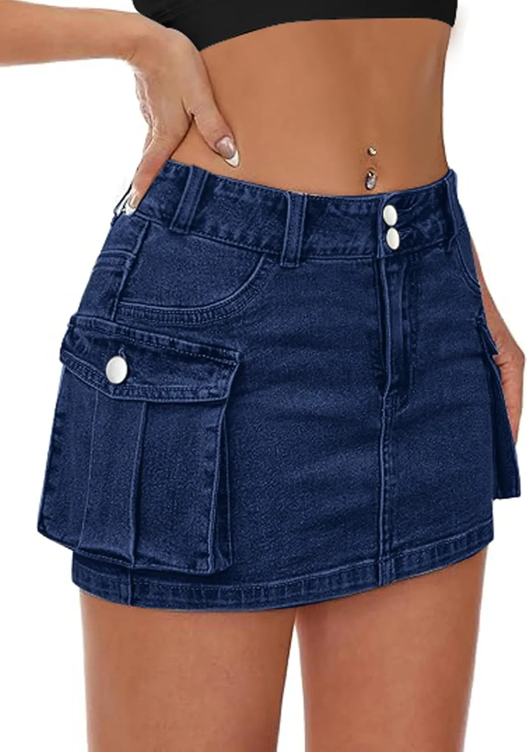 Low Waist Cargo Skirt Women Button Mini Cargo Denim Skirt with Pocket Mini Skirt