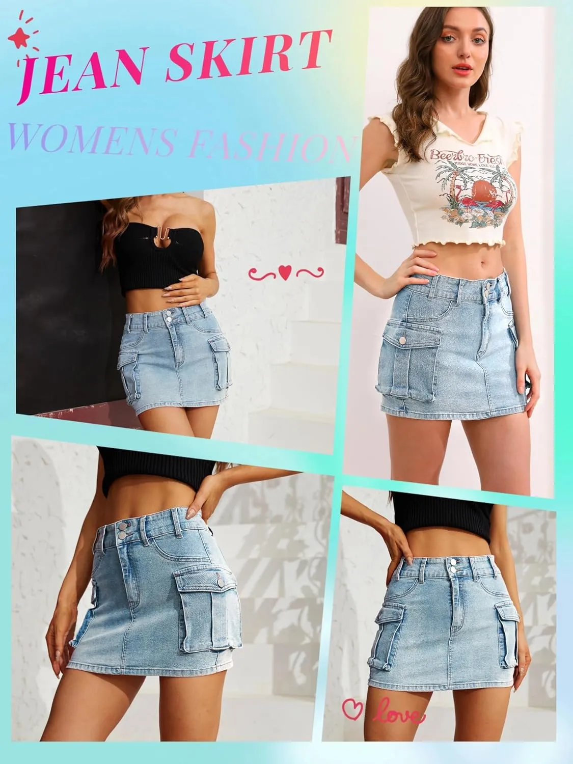 Low Waist Cargo Skirt Women Button Mini Cargo Denim Skirt with Pocket Mini Skirt