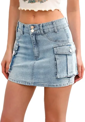 Low Waist Cargo Skirt Women Button Mini Cargo Denim Skirt with Pocket Mini Skirt