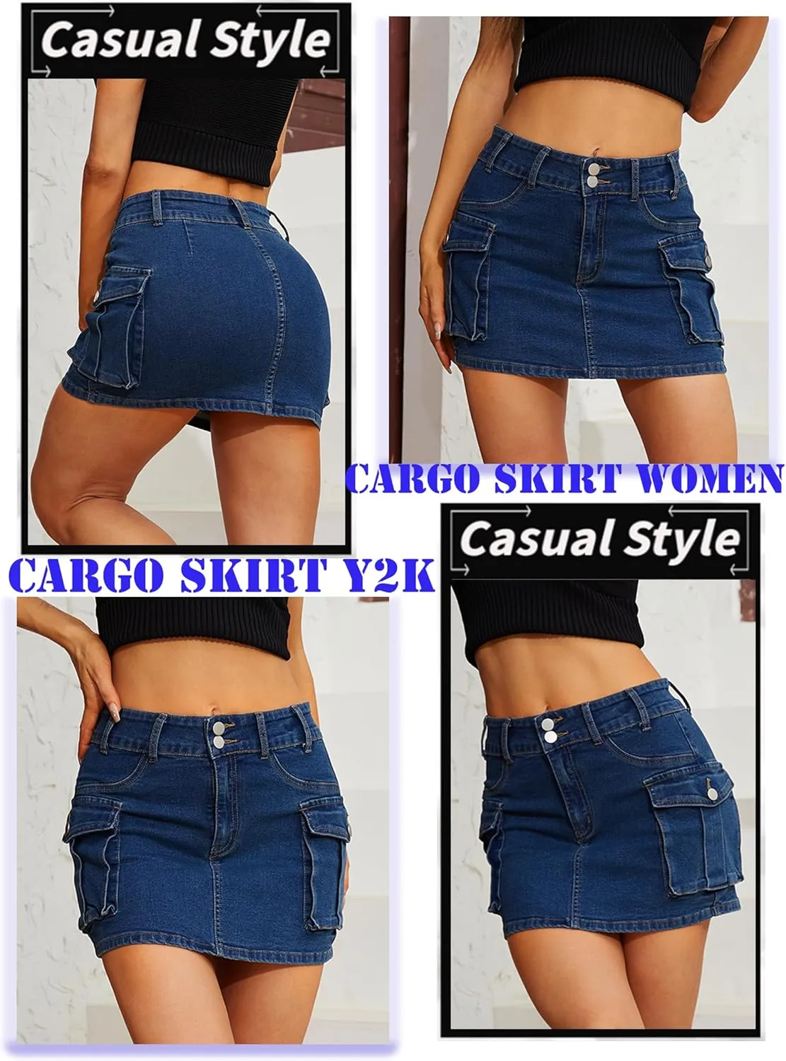 Low Waist Cargo Skirt Women Button Mini Cargo Denim Skirt with Pocket Mini Skirt