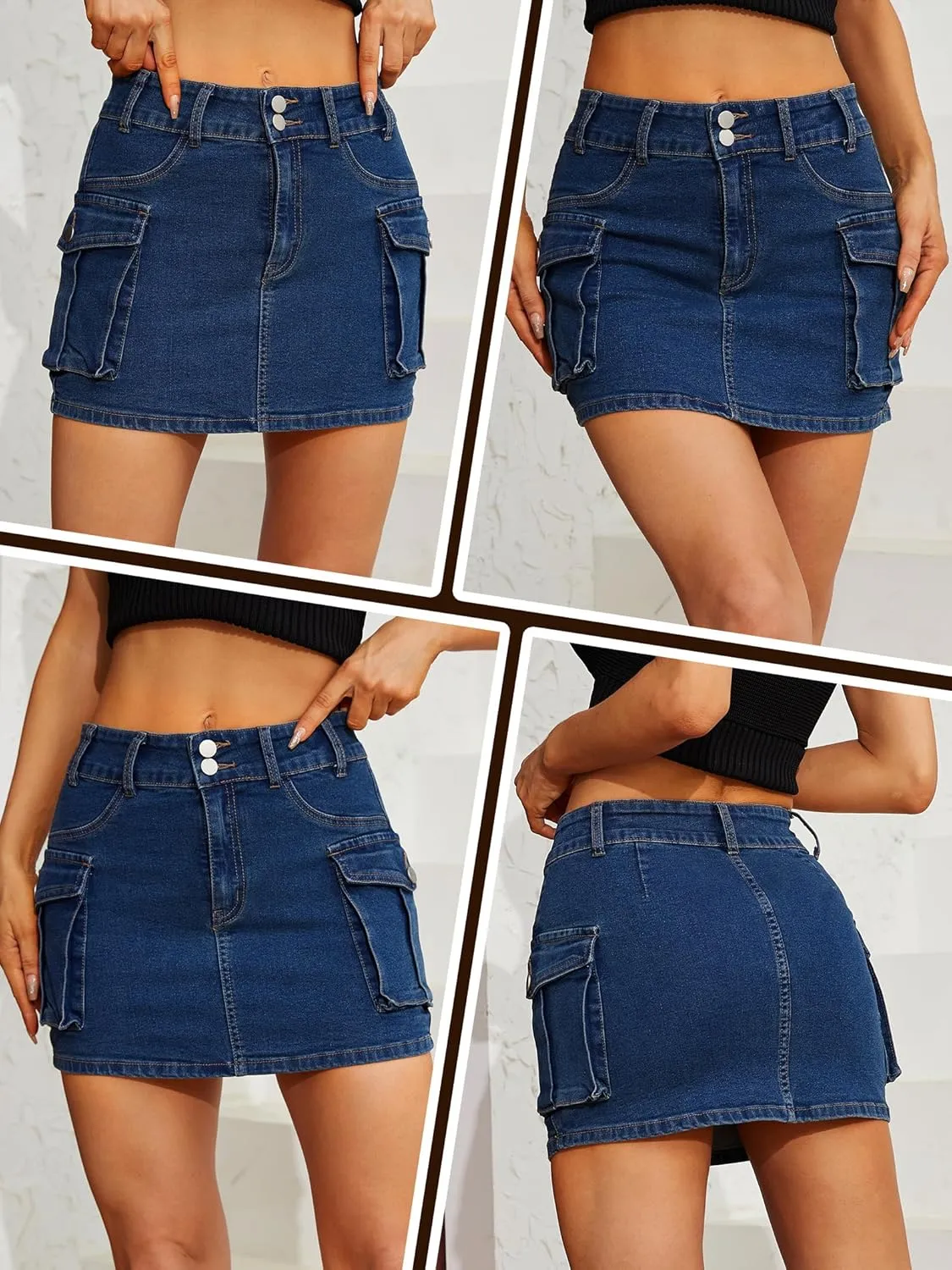 Low Waist Cargo Skirt Women Button Mini Cargo Denim Skirt with Pocket Mini Skirt